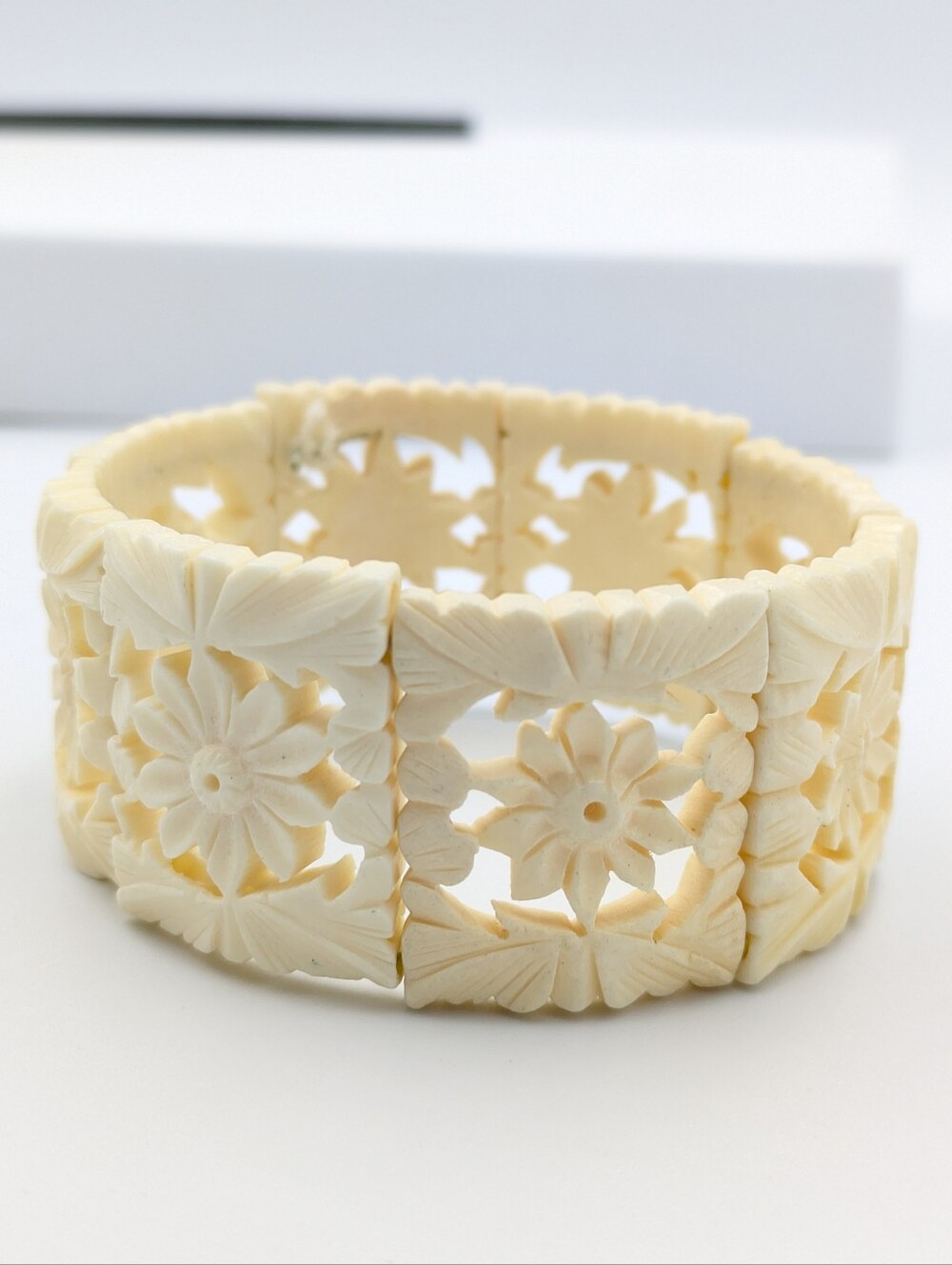Vintage carved bone panel stretch cord bracelet